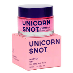 UNICORN SNOT holographic glitter gel on pink flamingo bottle for bold festival sparkle