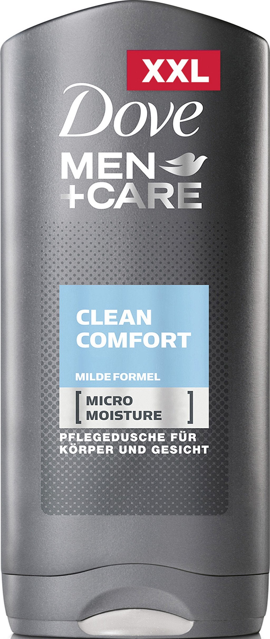 Dove Men Clean Comfort bottle pouring, hydrating daily cleanse for the skin