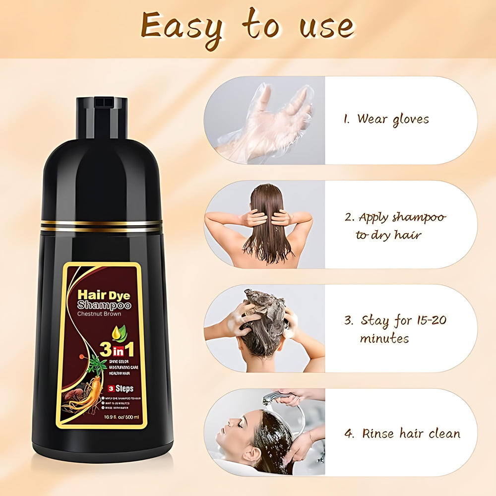 UniNestia Chestnut Brown Shampoo shows gray hair coverage for rejuvenated look.