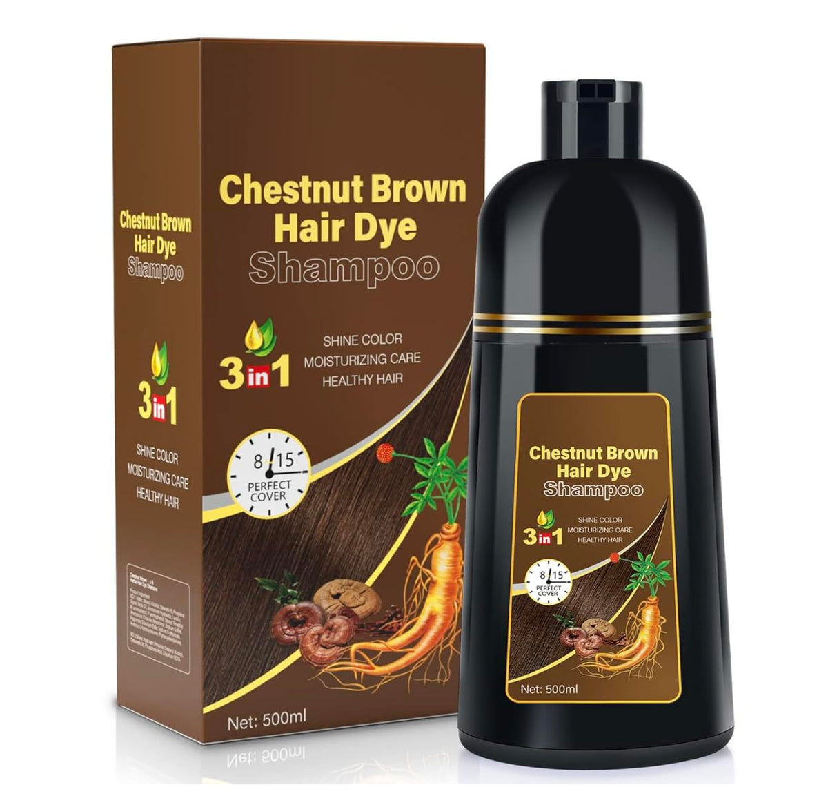 UniNestia Chestnut Brown Shampoo packaging highlights herbal formula for gray coverage.