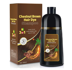 UniNestia Chestnut Brown Shampoo packaging highlights herbal formula for gray coverage.