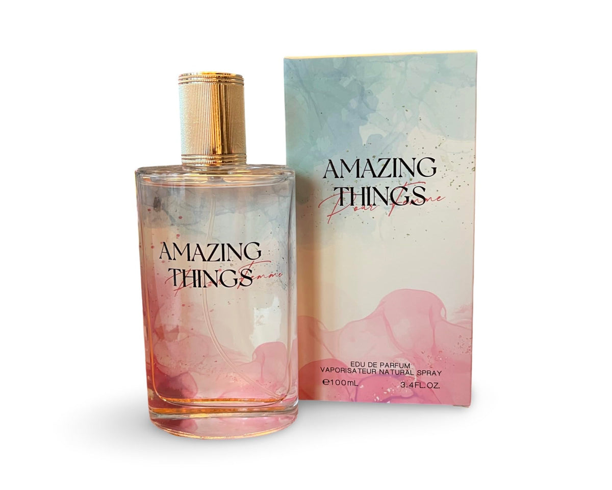 United Scents Amazing Things Pour Femme bottle with watercolor gradient elevates vanity display