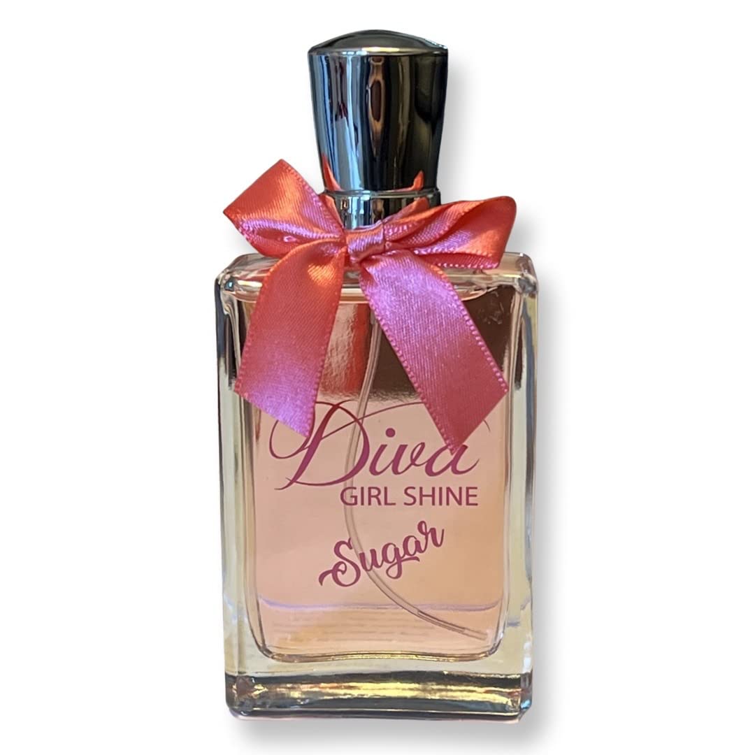United Scents Diva Girl Shine Sugar bottle closeup highlights tangerine and honeysuckle notes for spring