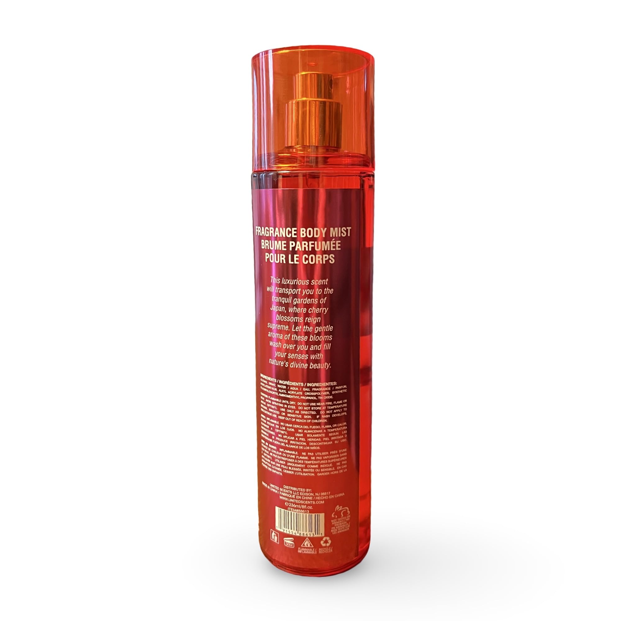 United Scents Oriental Cherry Blossom Mist spritz showcases travel-friendly bottle for on-the-go scent.