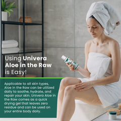 Univera Aloe in the Raw on a bathroom shelf for daily use