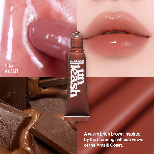 UNLEASHIA Sunset Dazzle No.5 Amalfi swatches reveal natural tinted shine for lips