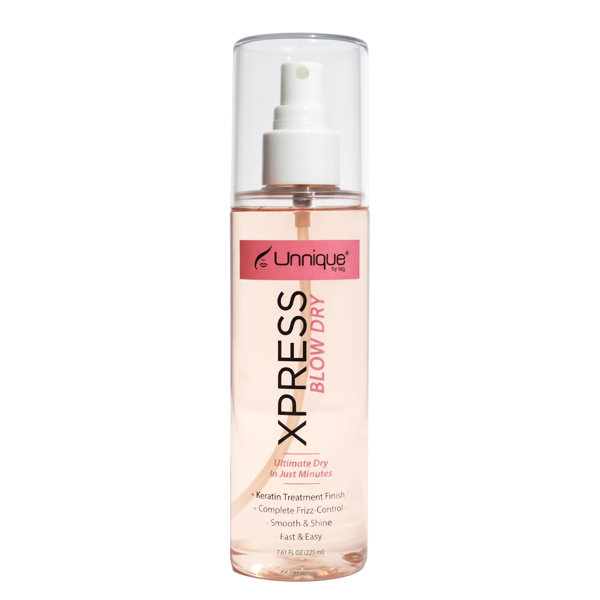 Unnique By Lag UNNIQUE Xpress Blow Dry Spray bottle front, sleek packaging, frizz control.
