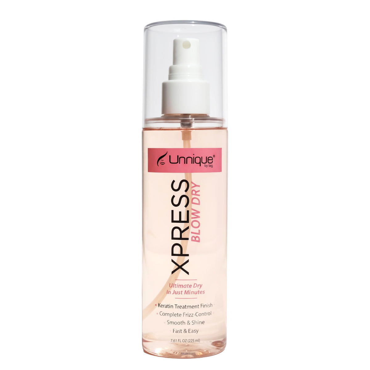 Unnique By Lag UNNIQUE Xpress Blow Dry Spray bottle front, sleek packaging, frizz control.