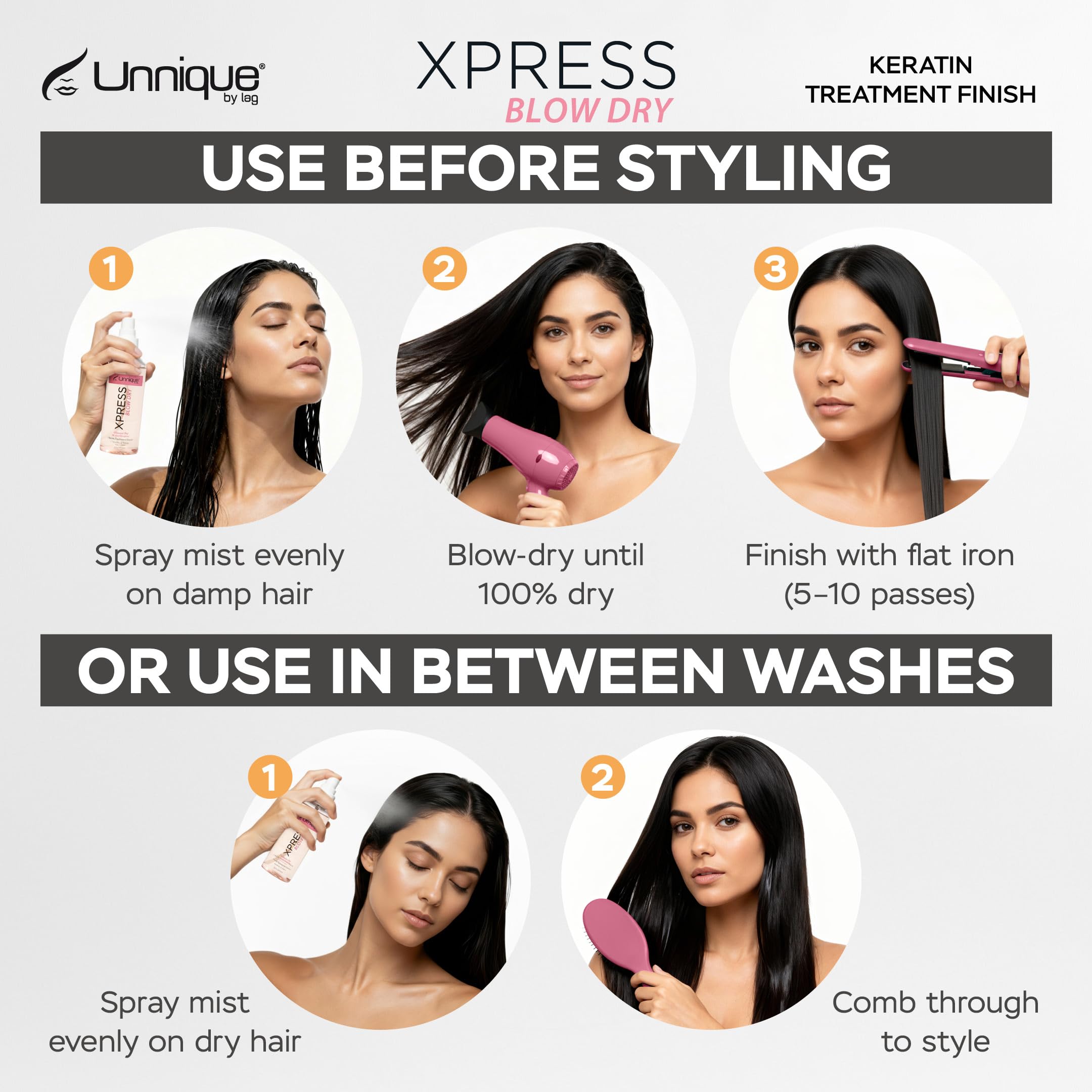 Unnique Xpress Blow Dry Spray delivers smooth, shiny results without weighing hair down.