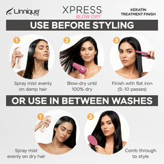 Unnique Xpress Blow Dry Spray delivers smooth, shiny results without weighing hair down.
