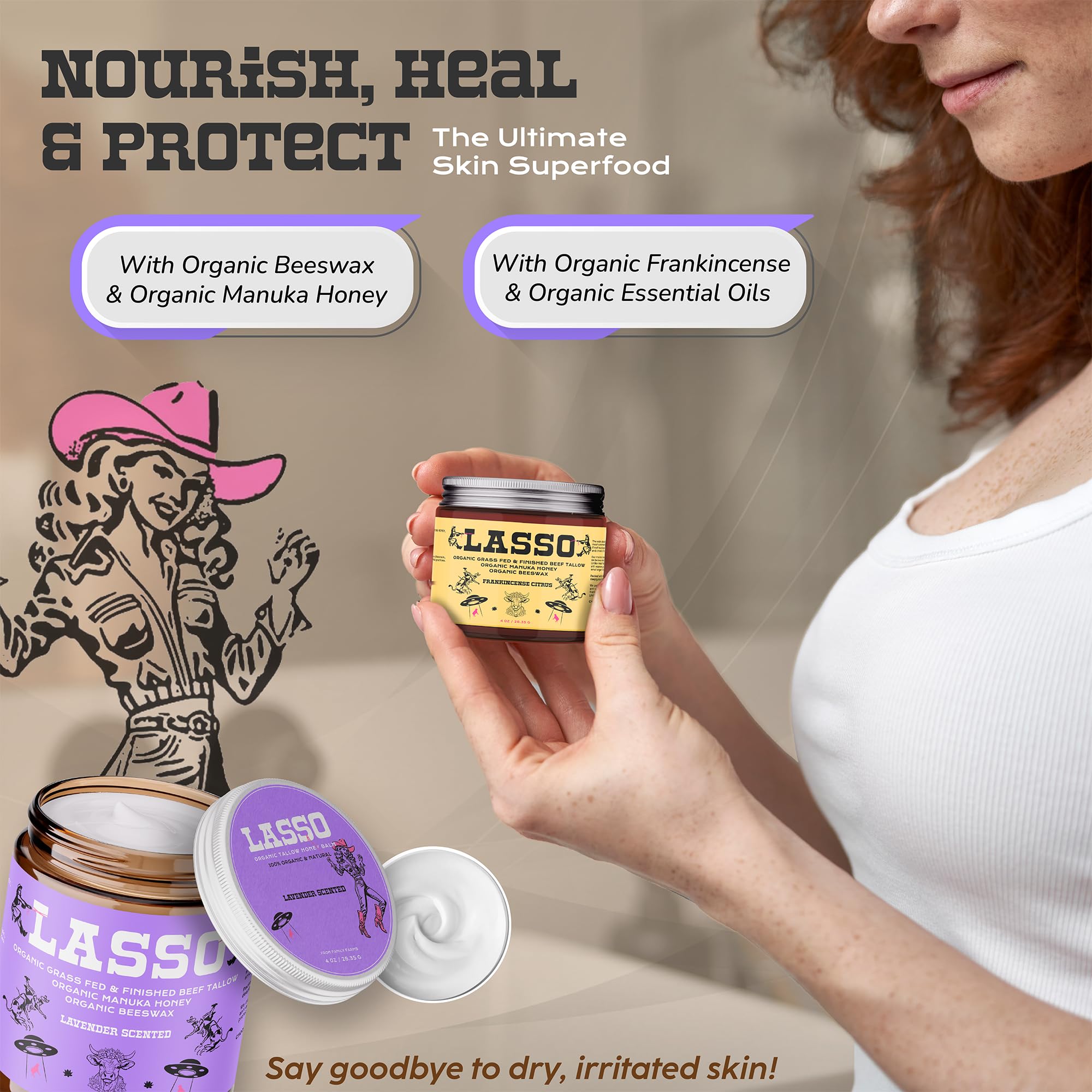 LASSO TALLOW unscented balm for facial application on sensitive skin.