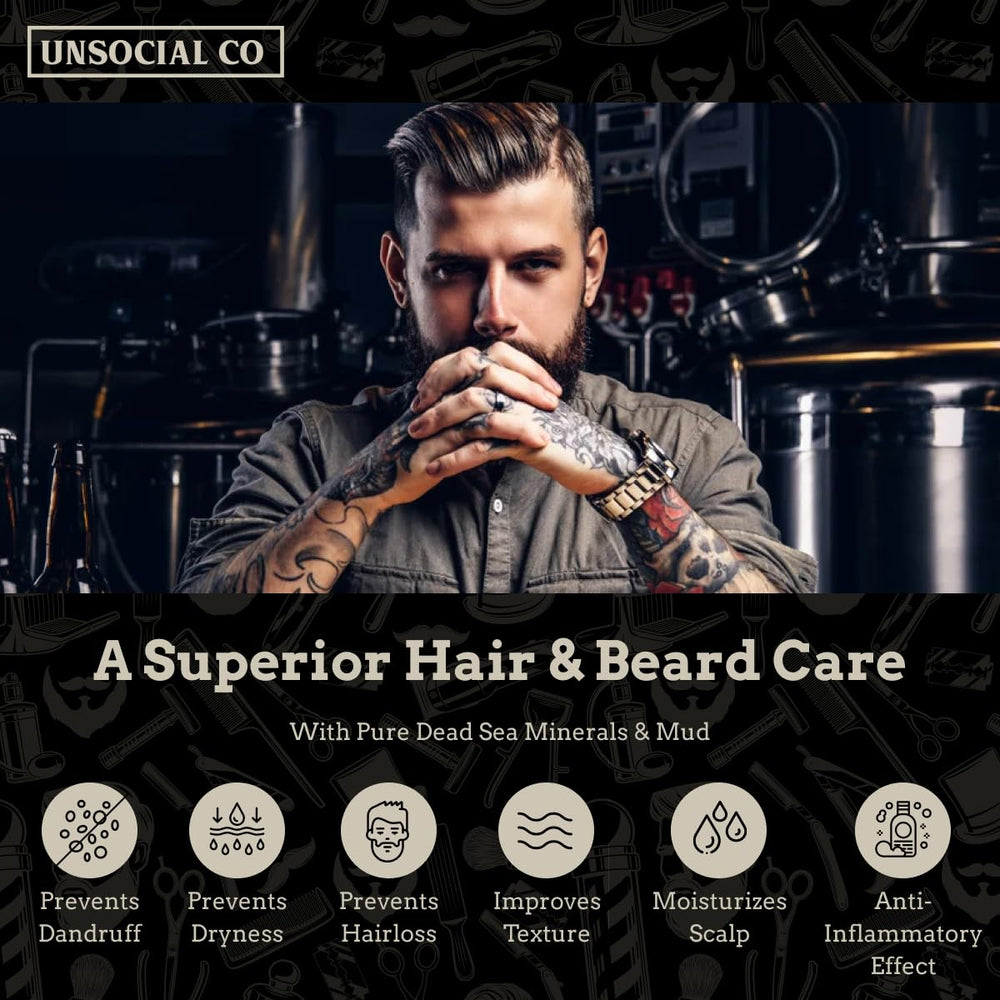 Unsocial Pomade shampoo natural packaging emphasizing Dead Sea mud formulation