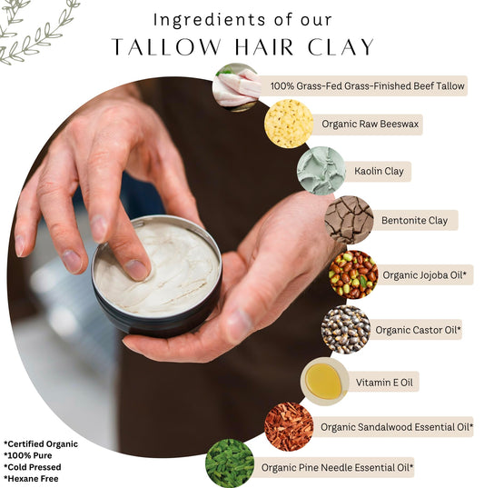 Untamed Organics Tallow Hair Clay jar shows the natural formula with medium hold and natural finish.
