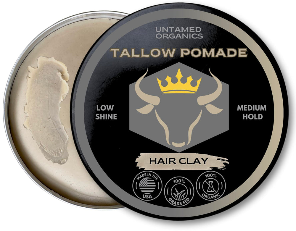 Untamed Organics Tallow Hair Clay packaging highlights sustainable, plastic-free design for mindful grooming.