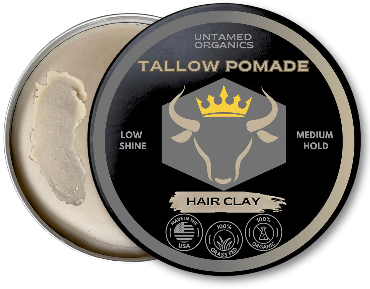 Untamed Organics Tallow Hair Clay packaging highlights sustainable, plastic-free design for mindful grooming.
