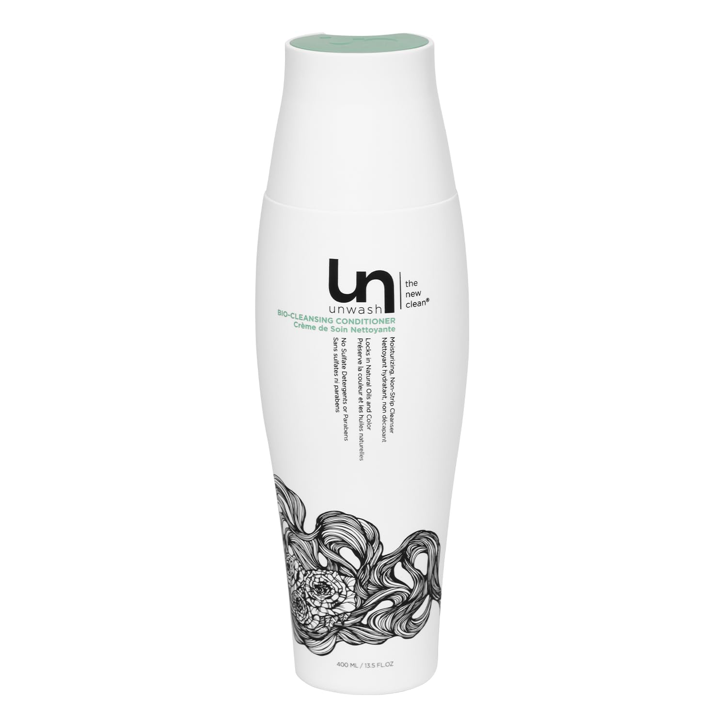 Unwash Bio-Cleansing Conditioner bottle demonstrates gentle cleansing for curly hair.