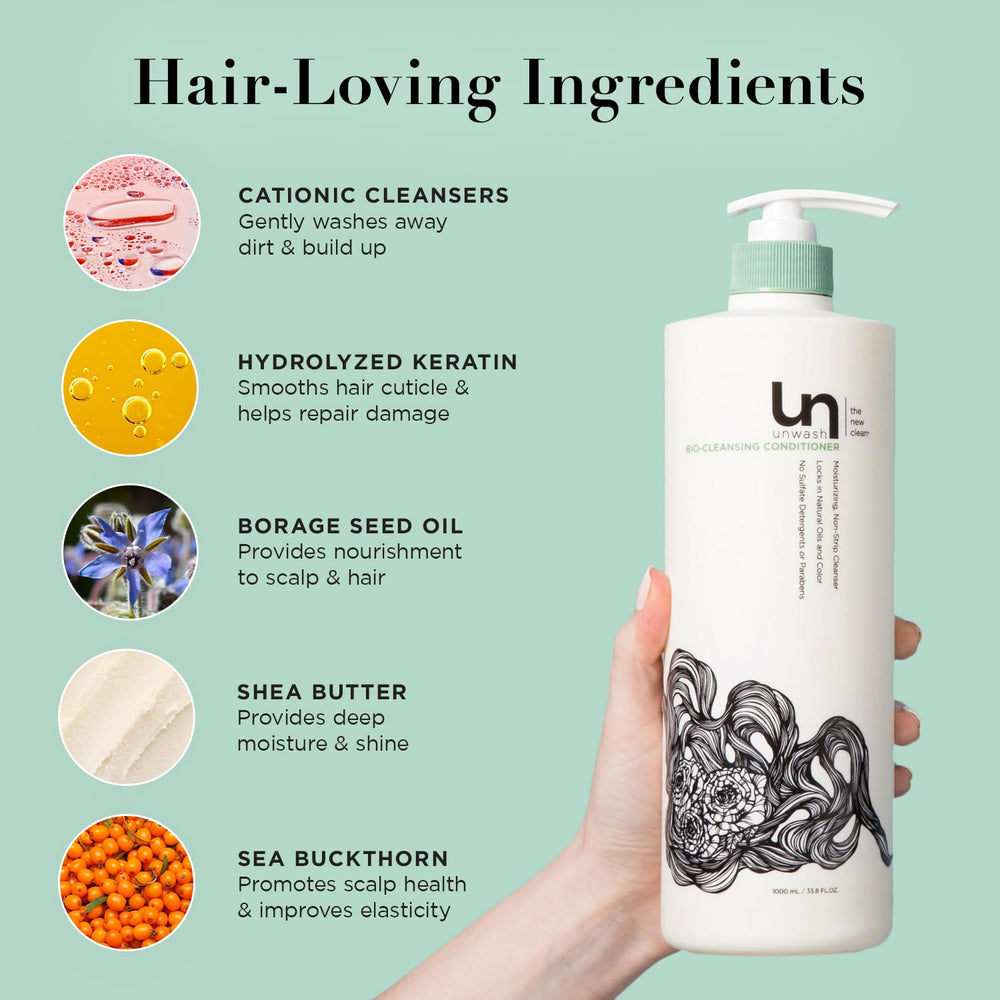Unwash Bio-Cleansing Conditioner texture close-up reveals creamy, nourishing formula.