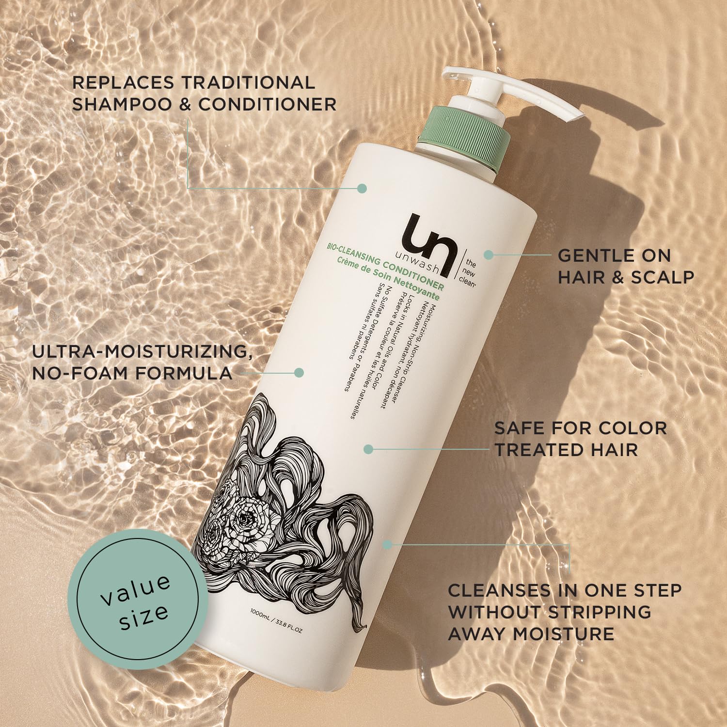 Unwash Bio-Cleansing Conditioner being poured demonstrates non-lather moisture for dry hair.