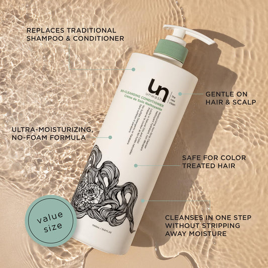 Unwash Bio-Cleansing Conditioner being poured demonstrates non-lather moisture for dry hair.