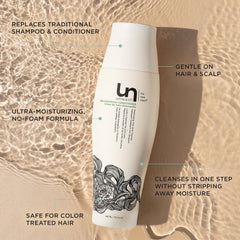 Hands applying the conditioner to the scalp, showing easy 2-in-1 cleansing and conditioning.