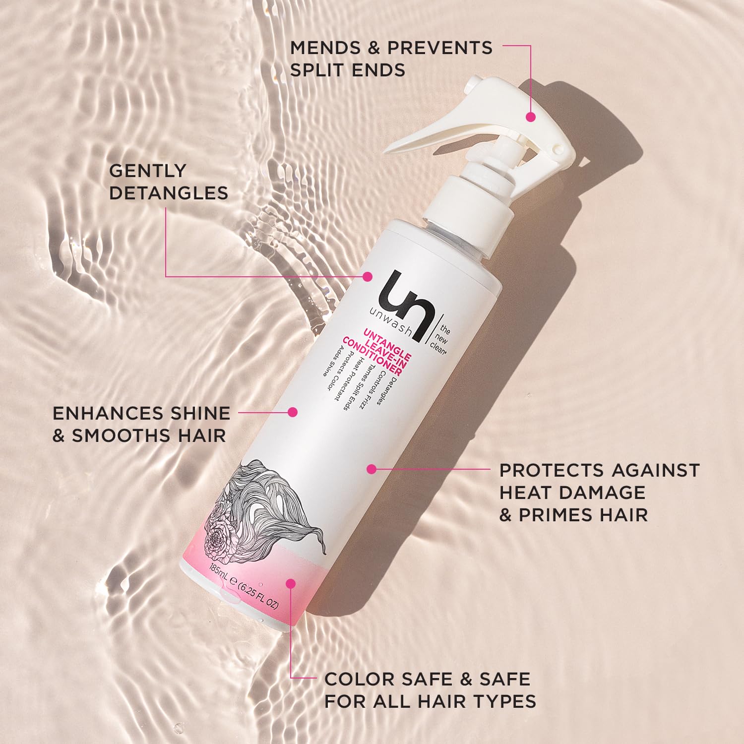 Unwash Untangle spray-application on damp hair for smooth detangling