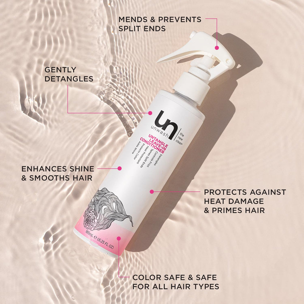 Unwash Untangle spray-application on damp hair for smooth detangling
