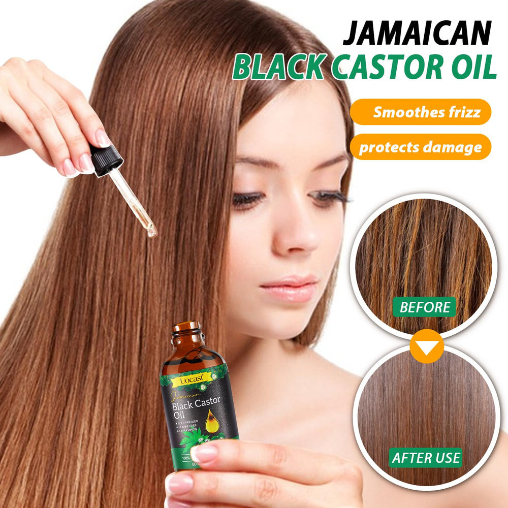 Uocasi castor oil on vanity ready for hair, brow, and skin care.