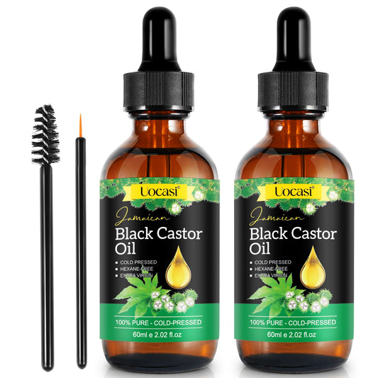 Uocasi Jamaican Black Castor Oil bottle close-up, pure organic formula for hair nourishment.