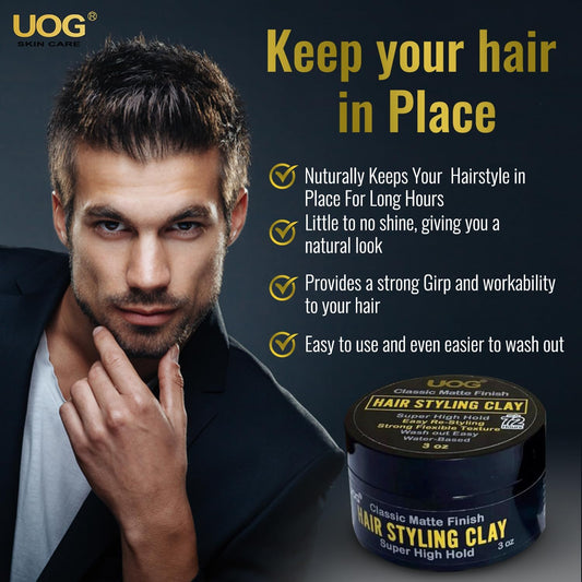 UOG hair styling clay jar closeup highlighting the matte finish and clean formula