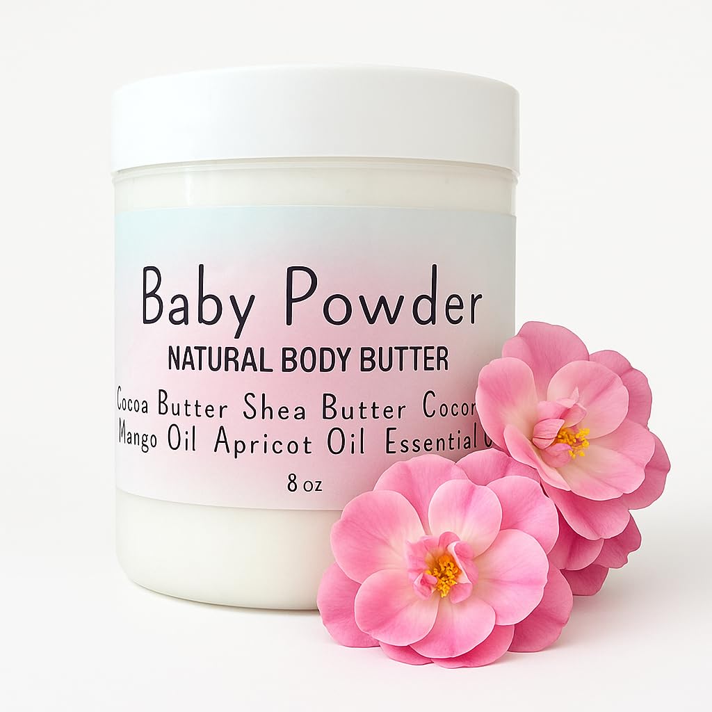 Uplift Us Baby Powder Body Butter jar close-up showing rich hydration for silky skin