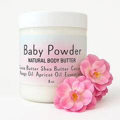 Uplift Us Baby Powder Body Butter jar close-up showing rich hydration for silky skin