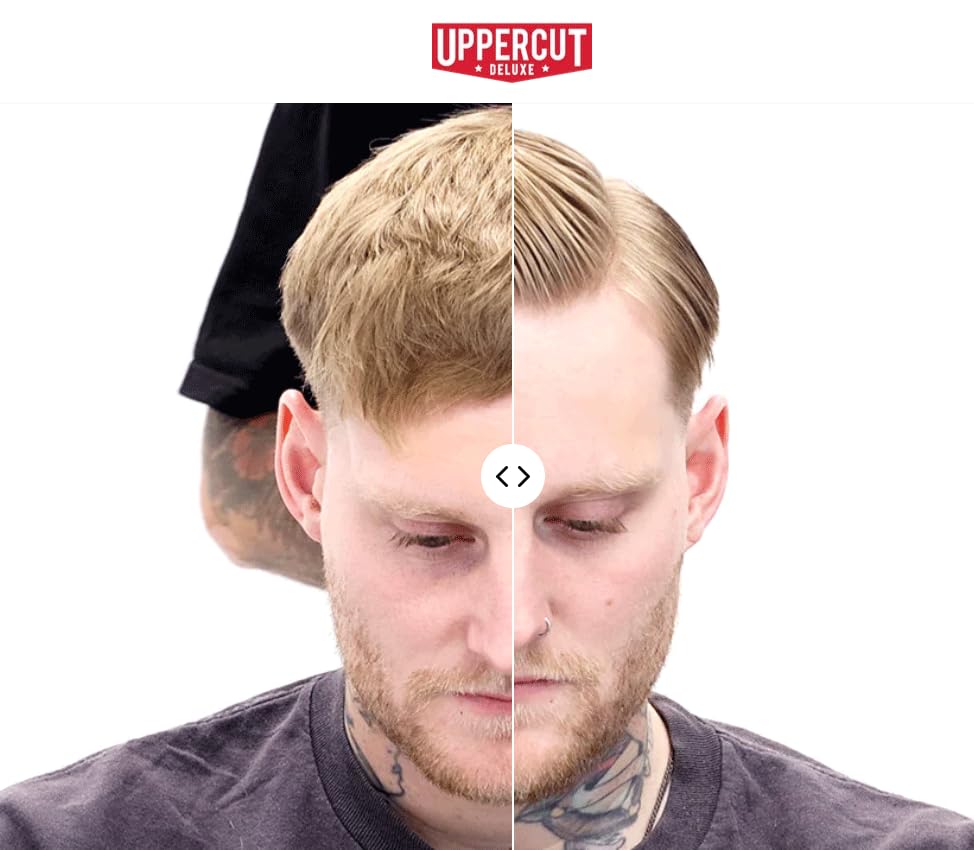 Uppercut Deluxe Deluxe Pomade shaped hair showing versatility across hair types.
