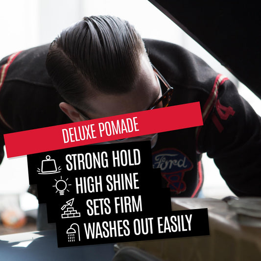 Uppercut Deluxe Deluxe Pomade jar highlights high shine for classic barber looks.