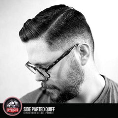 Uppercut Deluxe Deluxe Pomade styled pompadour with side part example.