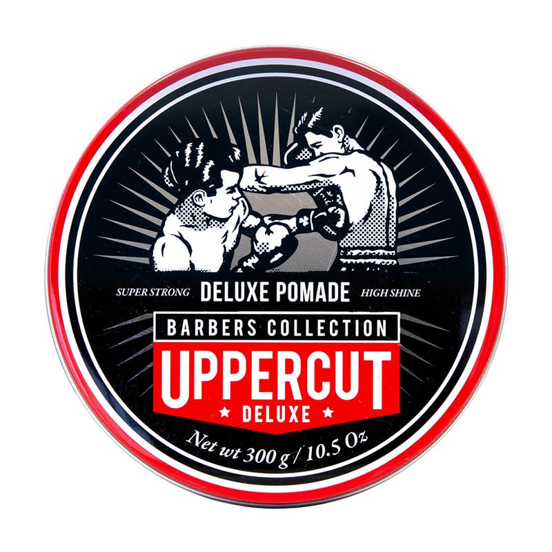 Uppercut Deluxe Deluxe Pomade bottle shows strong hold for all-day style.
