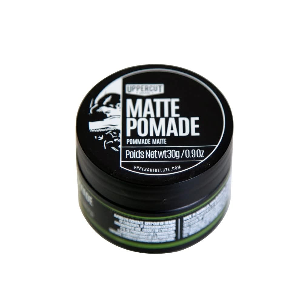 Uppercut Deluxe Matte Pomade MIDI tin back view with label and matte finish details.