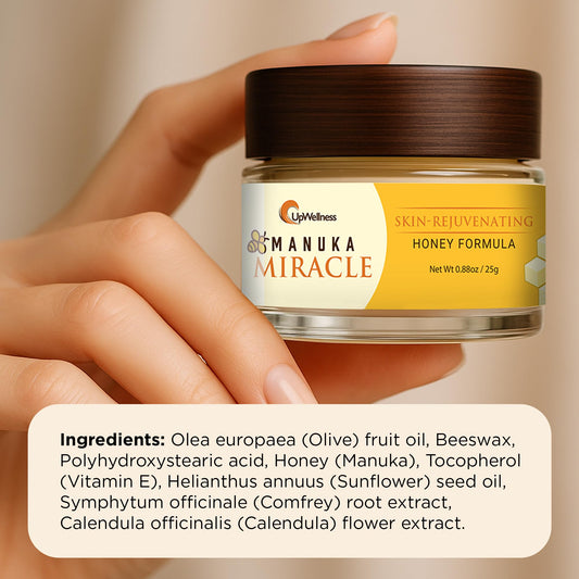 UpWellness Manuka Miracle bottle pump shows easy application and continuous moisture.