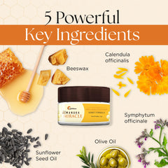 UpWellness Manuka Miracle ingredients chart showcases calendula, comfrey, oils, and beeswax.