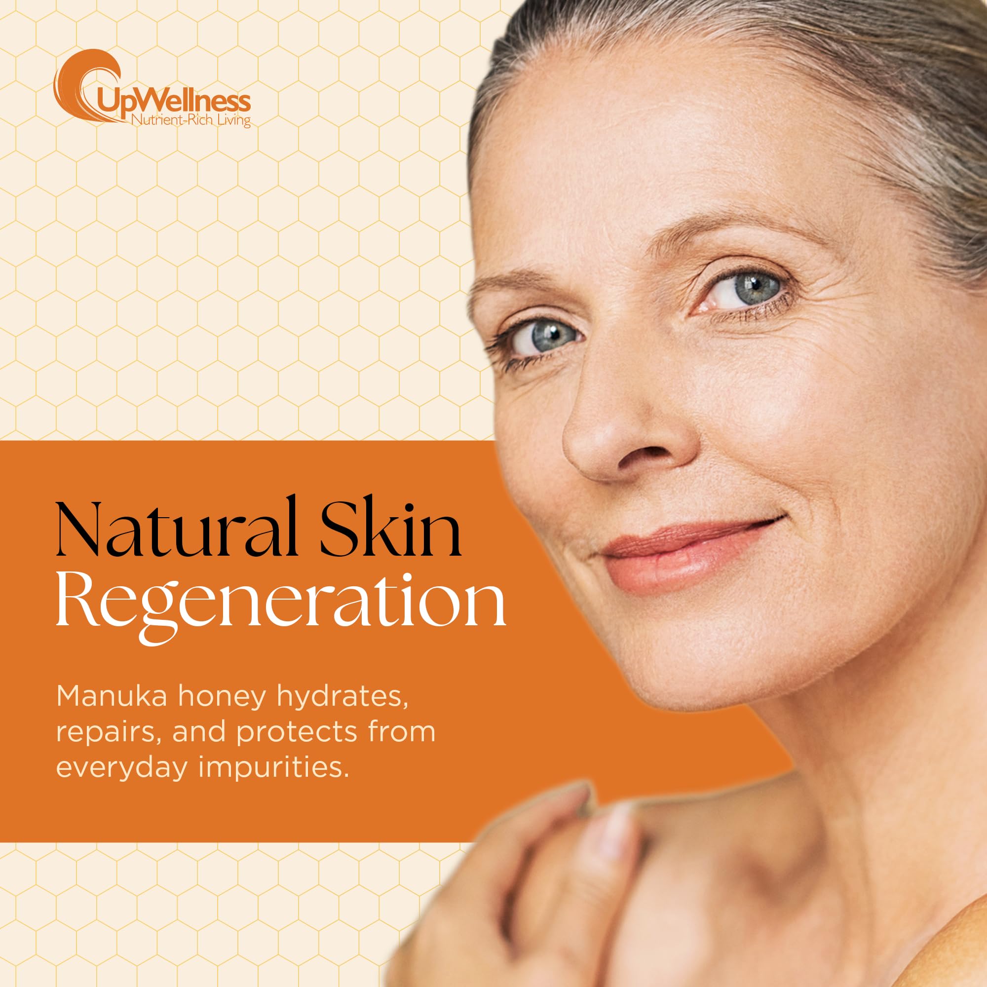UpWellness Manuka Miracle jar close-up reveals creamy texture for smooth skin.