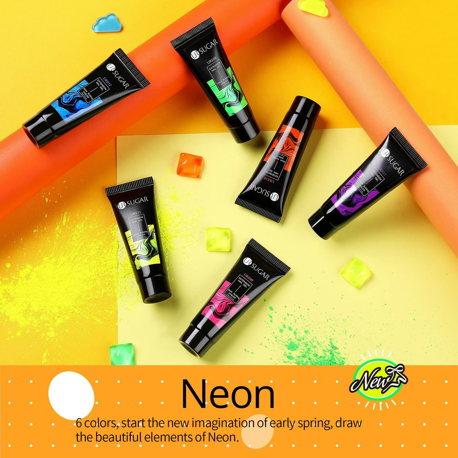 UR SUGAR neon nail gel kit provides vibrant color options.