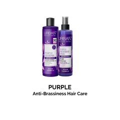 Urban Care Purple Leave-In Conditioner Spray 2-Phase dispense shows easy mist for even coverage