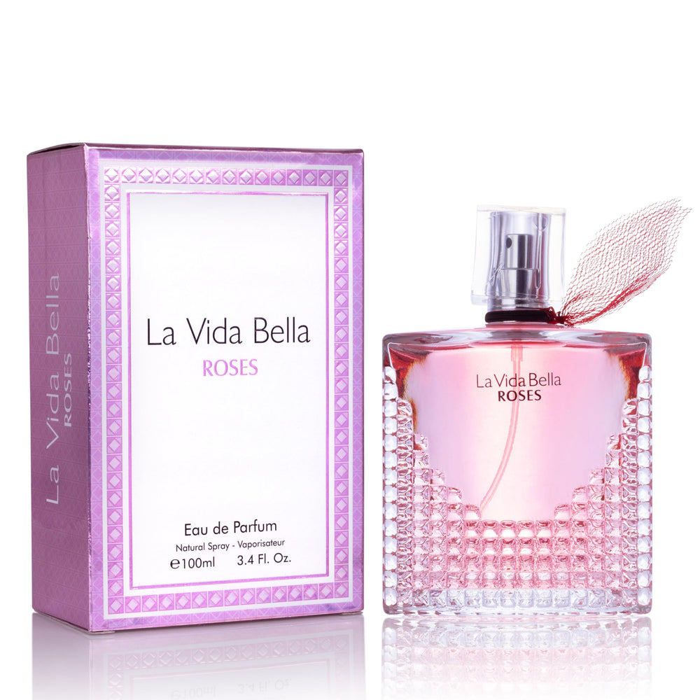 Urban Collection La Vida Bella Roses bottle front highlights a floral amber scent for daily wear