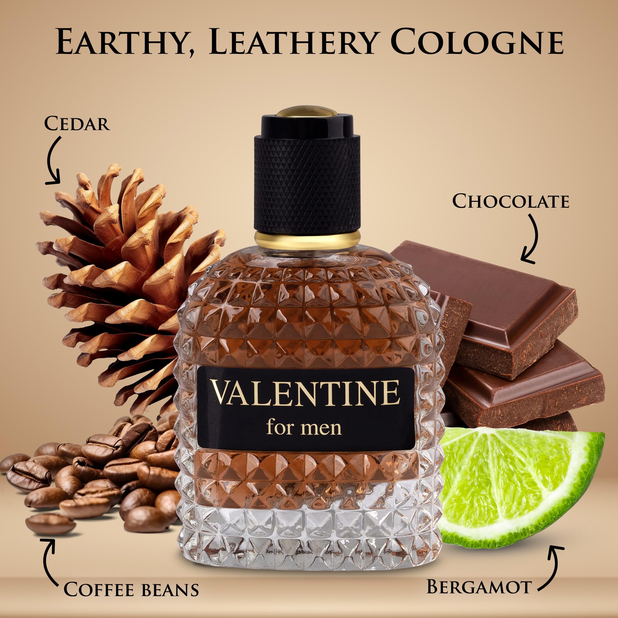 URBAN COLLECTION Valentine bottle top view emphasizes top notes of woody myrtle and bergamot, ideal for daytime freshness.