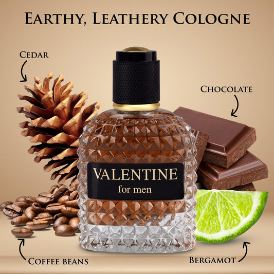 URBAN COLLECTION Valentine bottle top view emphasizes top notes of woody myrtle and bergamot, ideal for daytime freshness.