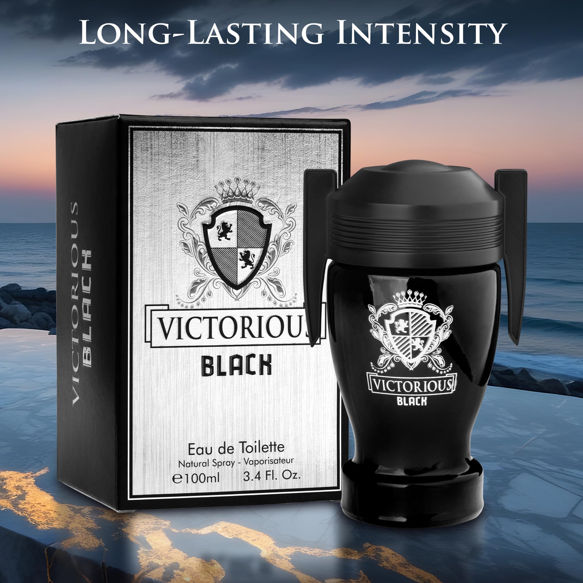 Embroidered label detail on Victorious Black hints at sophisticated presentation.