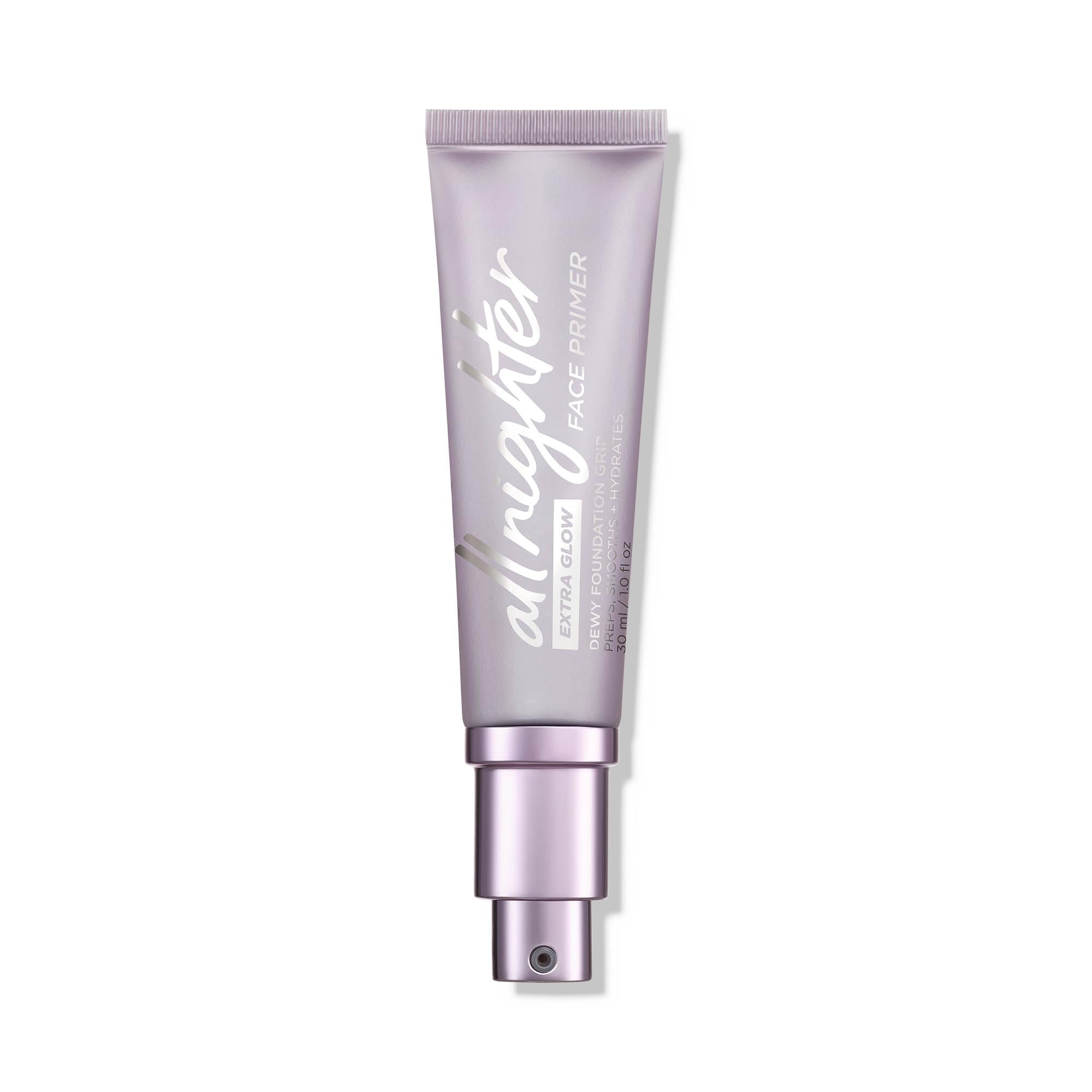 Urban Decay All Nighter Extra Glow Primer bottle showing dewy finish and long wear.