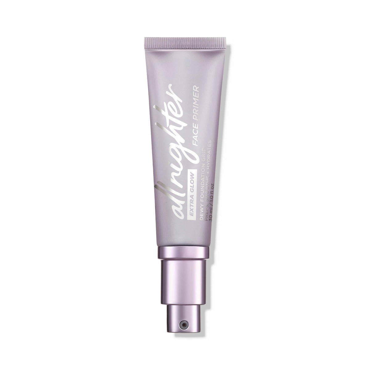 Urban Decay All Nighter Extra Glow Primer bottle showing dewy finish and long wear.