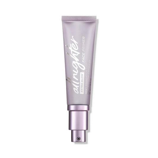 Urban Decay All Nighter Extra Glow Primer bottle showing dewy finish and long wear.