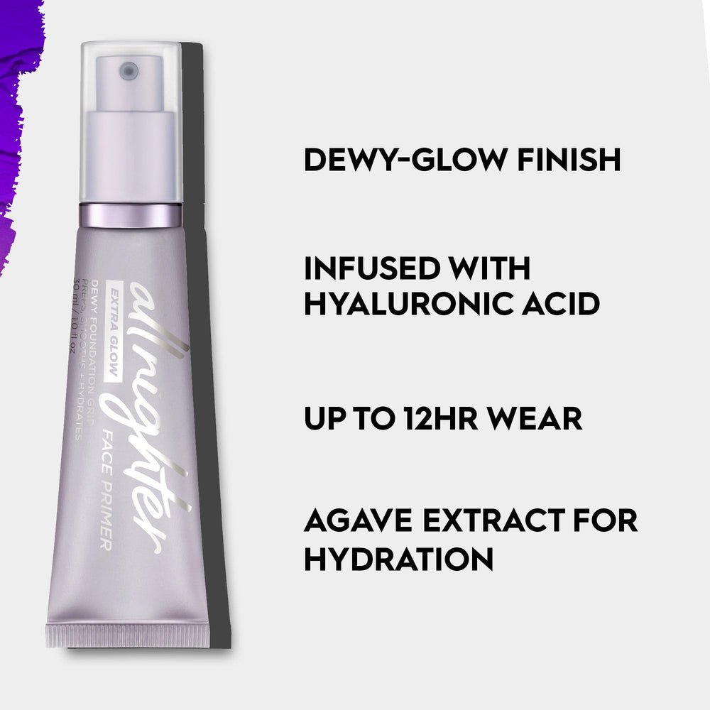 Urban Decay All Nighter Extra Glow Primer packaging close-up highlighting sleek, travel-friendly design.