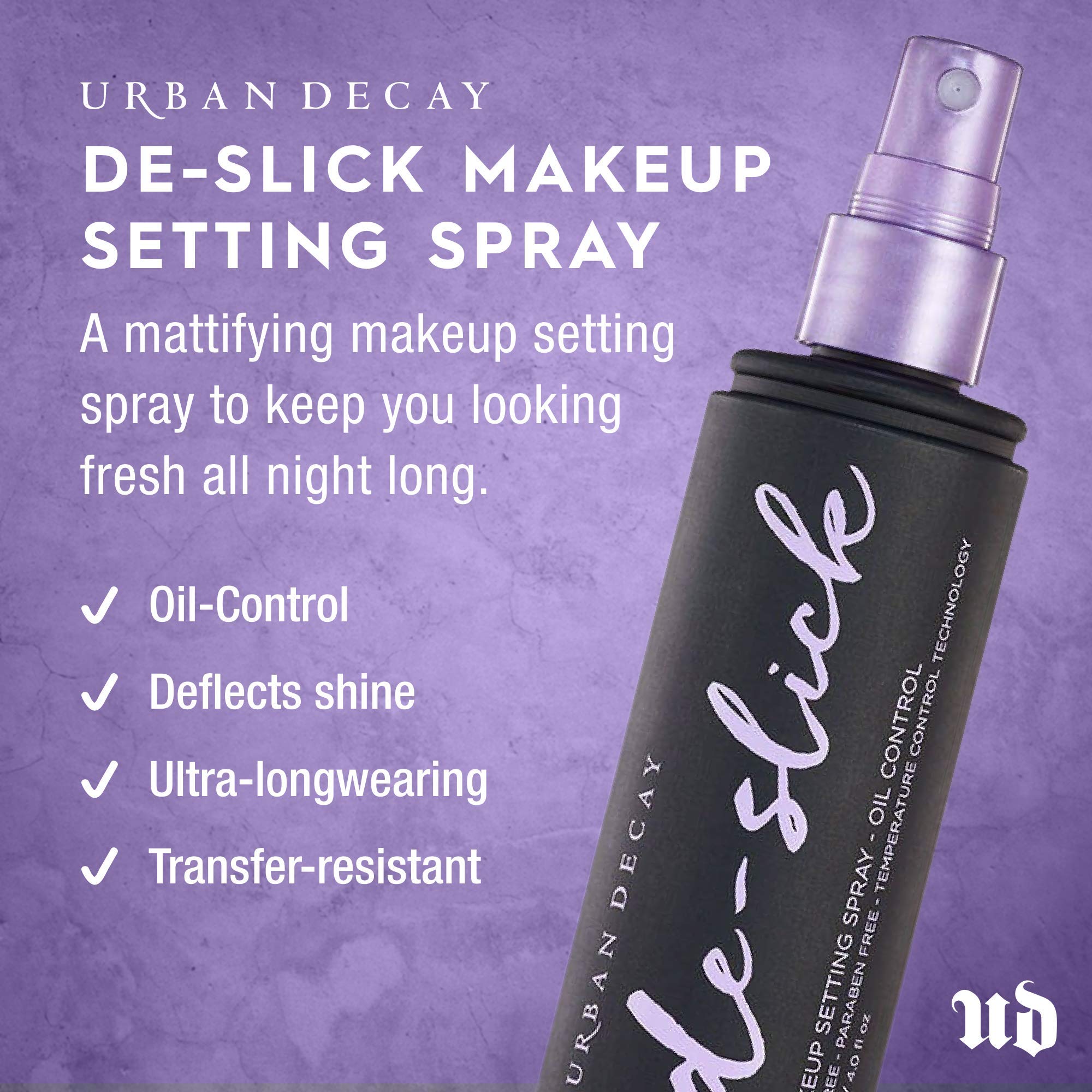 Urban Decay De-Slick microfine mist application on skin for smooth makeup.